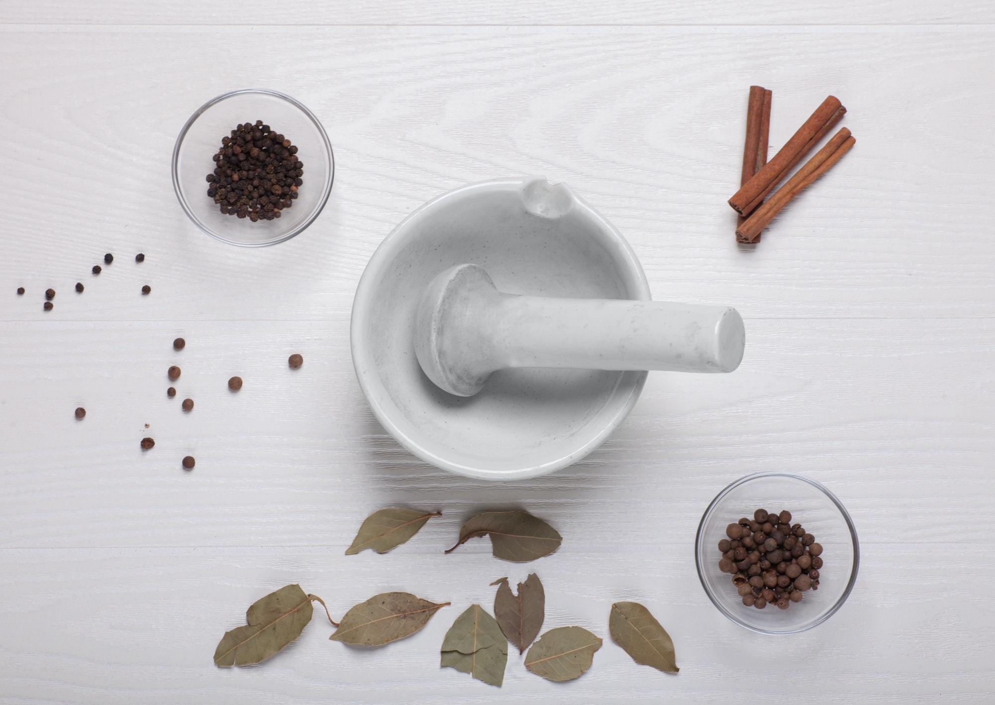 different spices near spice mortar